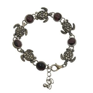Sea Turtle Link Bracelet Silver Tone Purple Brown Cats Eye  Adjustable 7.5-9"